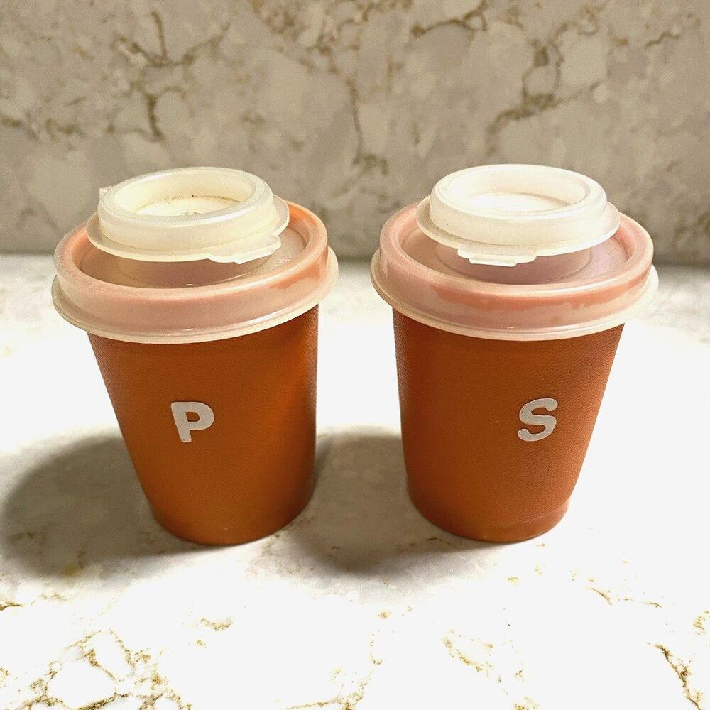 Tupperware 1503 Vintage Orange & White Plastic Salt & Pepper Shakers w/ Lids